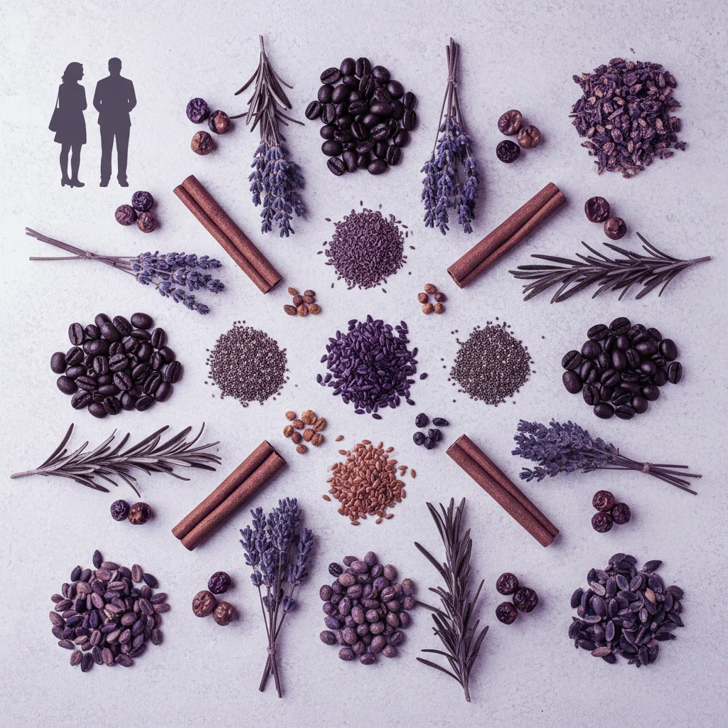Flat lay of natural botanical ingredients: green coffee beans, dried herbs, seeds, berries and cinnamon on a stone surface