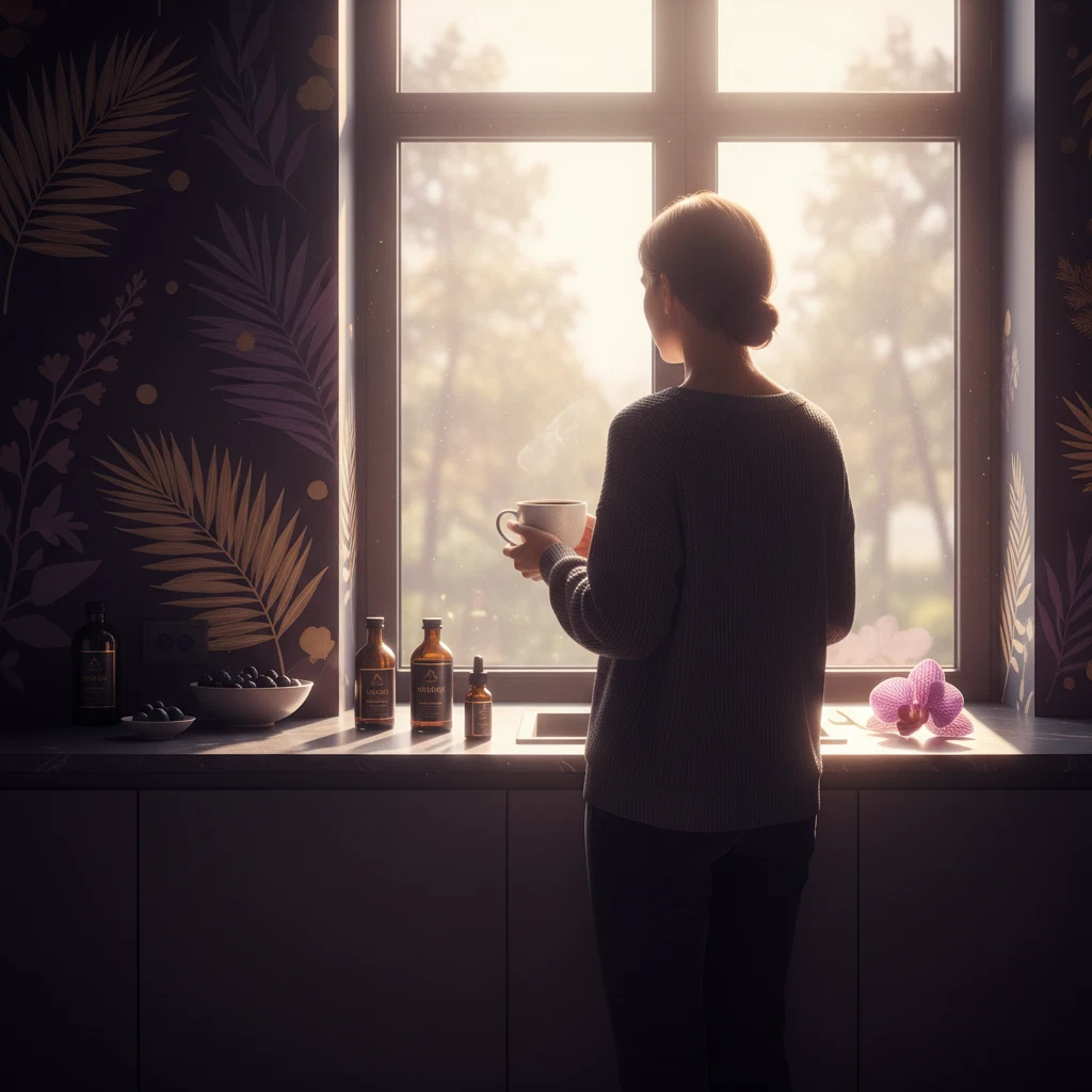 Anonymous person from behind holding a white coffee mug at a bright kitchen window in the morning - wellness lifestyle
