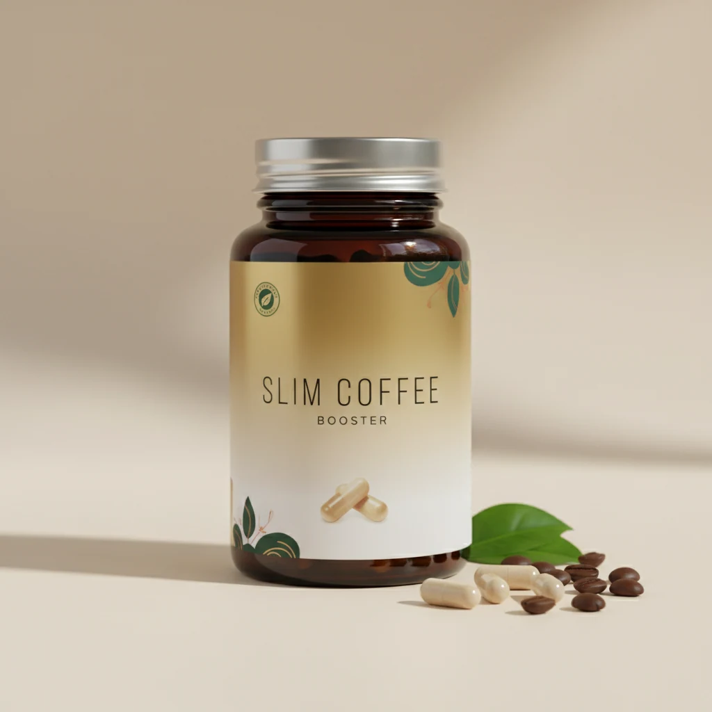 Slim Coffee Booster plant-based metabolism supplement box, dark charcoal packaging with purple crescent logo
